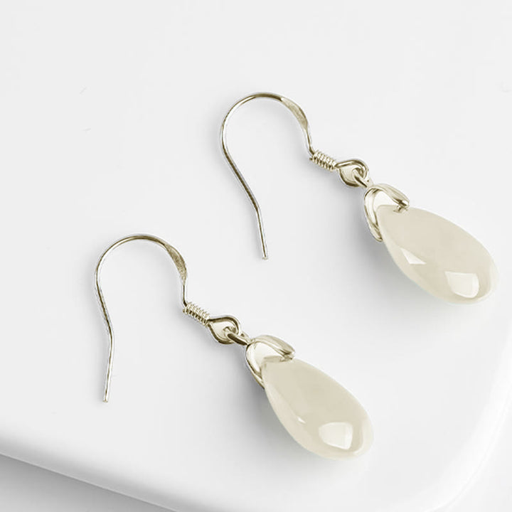 Buddha Stones 925 Sterling Silver Jade Water Drop Pattern Luck Prosperity Dangle Earrings - image 6