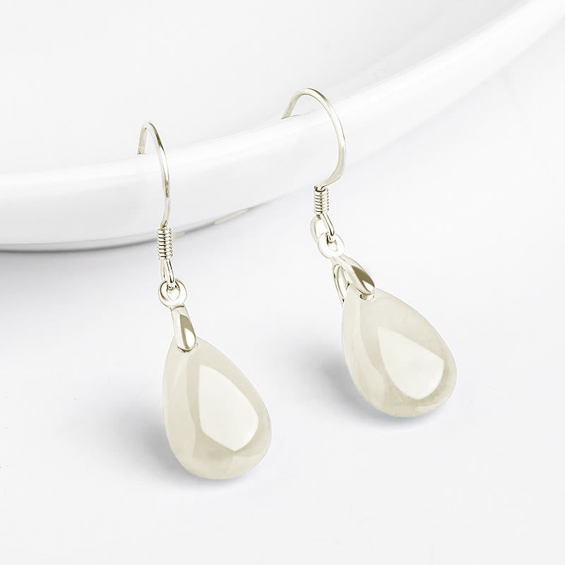 Buddha Stones 925 Sterling Silver Jade Water Drop Pattern Luck Prosperity Dangle Earrings - image 1