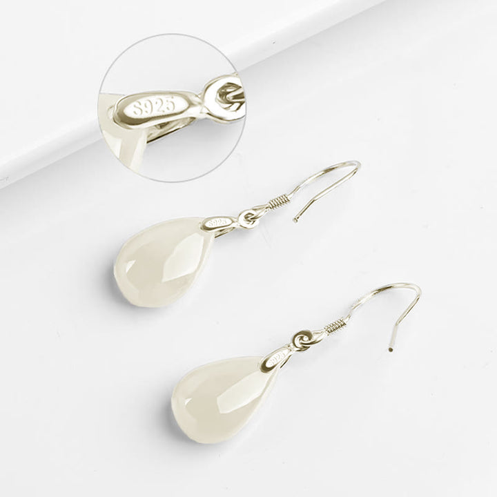 Buddha Stones 925 Sterling Silver Jade Water Drop Pattern Luck Prosperity Dangle Earrings - image 7