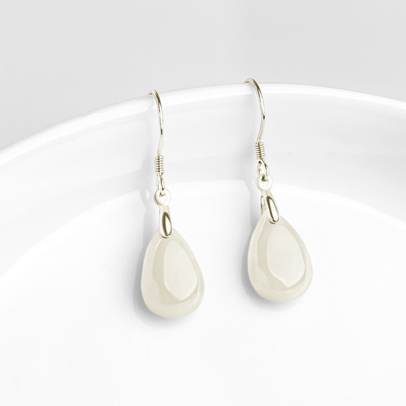 Buddha Stones 925 Sterling Silver Jade Water Drop Pattern Luck Prosperity Dangle Earrings - image 4