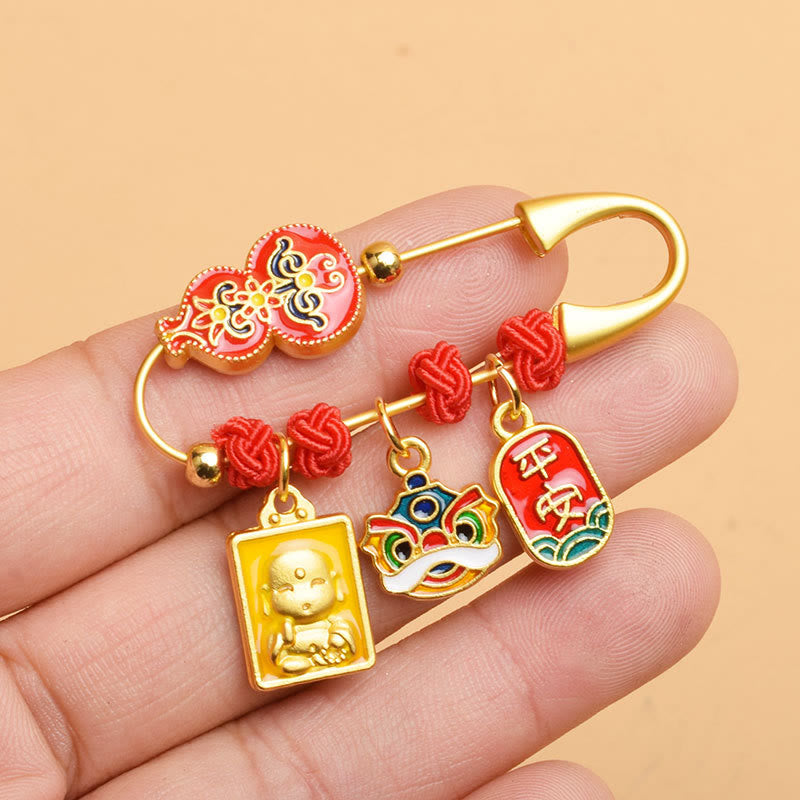 Buddha Stones Gourd Dancing Lion Fu Character Safe And Well Blessing Brooch - Gourd Dancing Lion - image 0