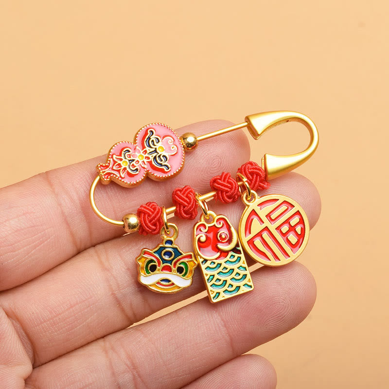 Buddha Stones Gourd Dancing Lion Fu Character Safe And Well Blessing Brooch - Gourd Fu Character - image 1