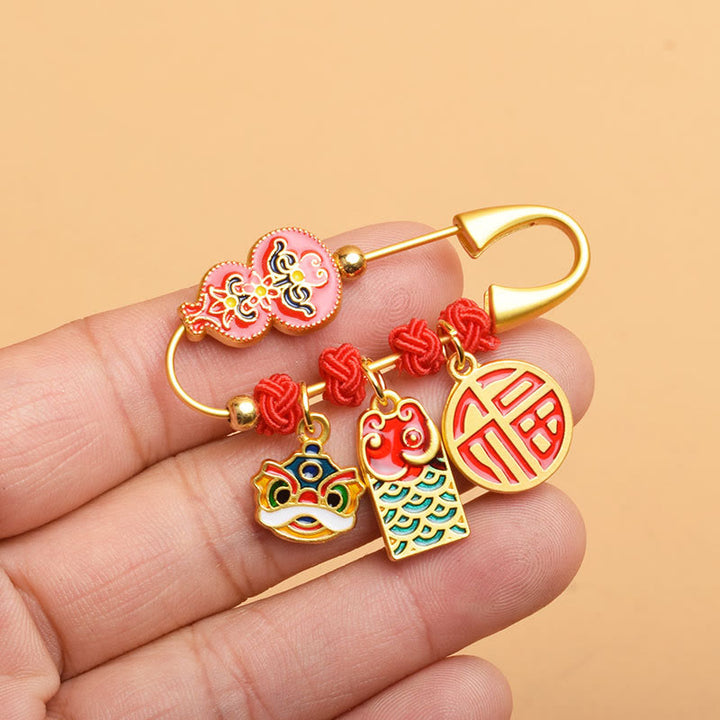 Buddha Stones Gourd Dancing Lion Fu Character Safe And Well Blessing Brooch - Gourd Fu Character - image 1