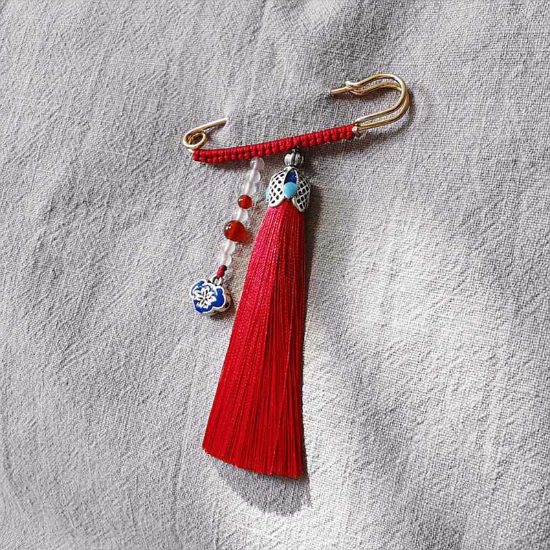 Buddha Stones Vintage Chalcedony Beads Tassels Positive Brooch - Wine Red - image 0