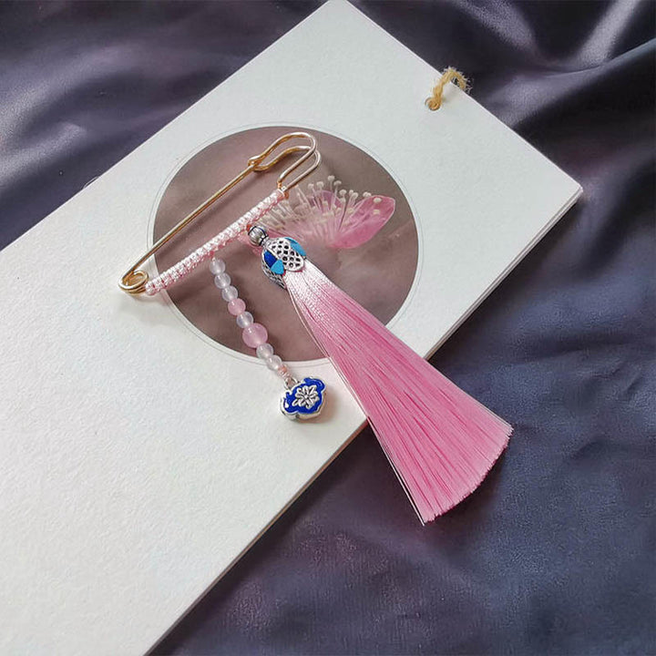 Buddha Stones Vintage Chalcedony Beads Tassels Positive Brooch - Pink - image 2