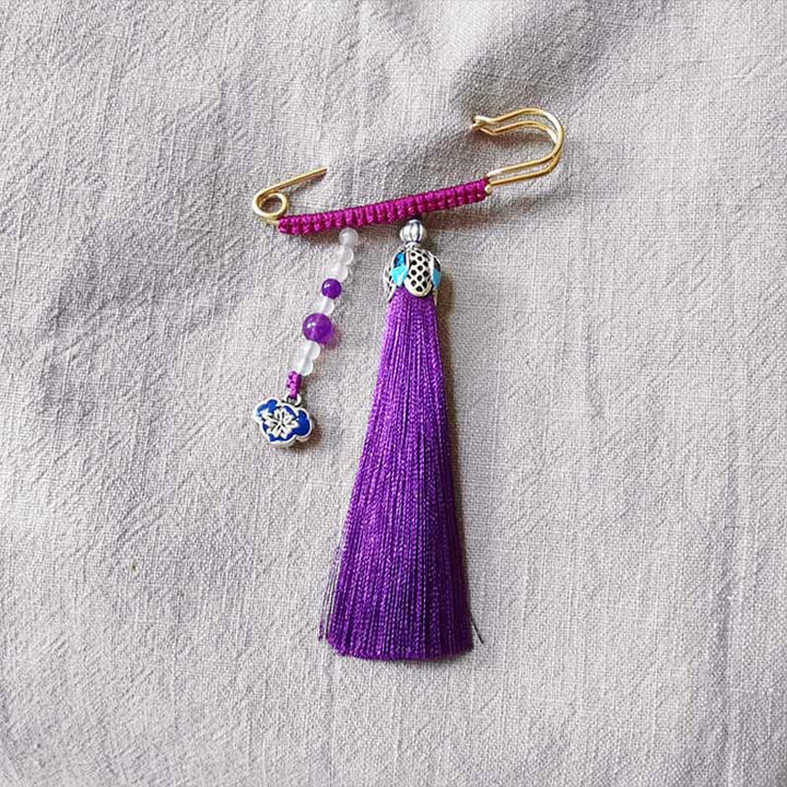 Buddha Stones Vintage Chalcedony Beads Tassels Positive Brooch - Dark Purple - image 3