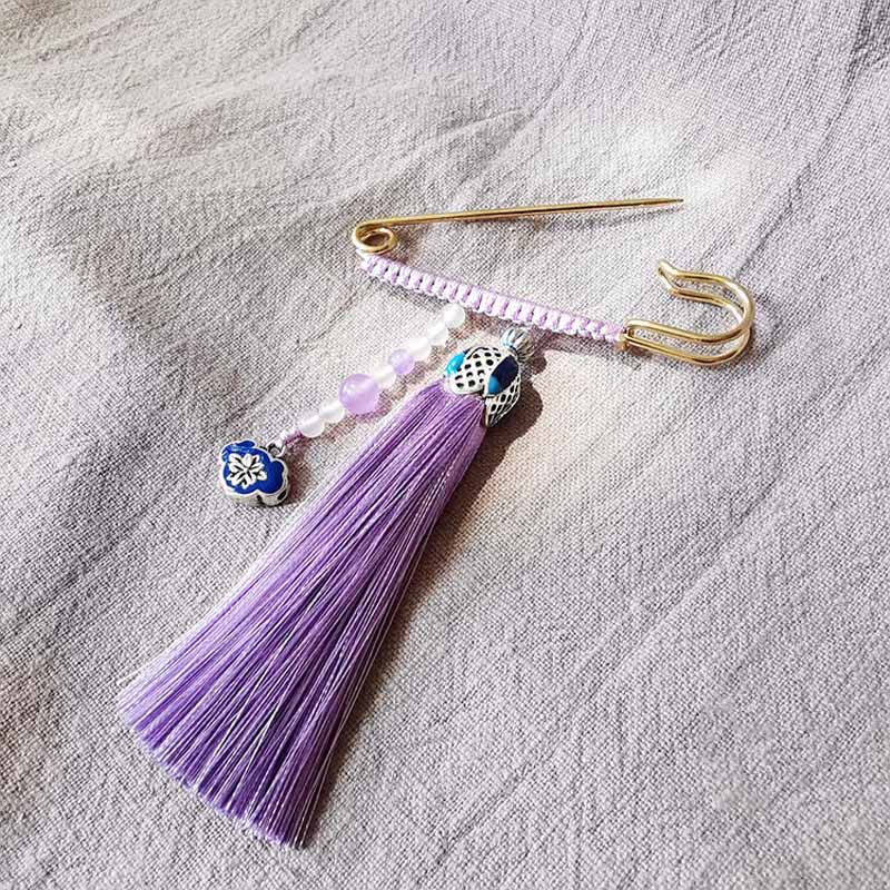Buddha Stones Vintage Chalcedony Beads Tassels Positive Brooch - Light Purple - image 4