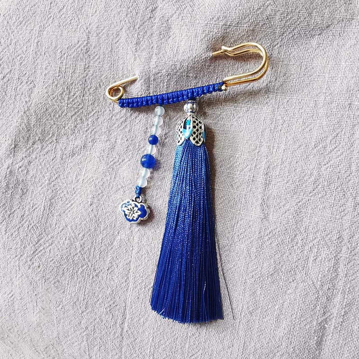 Buddha Stones Vintage Chalcedony Beads Tassels Positive Brooch - Royal Blue - image 6