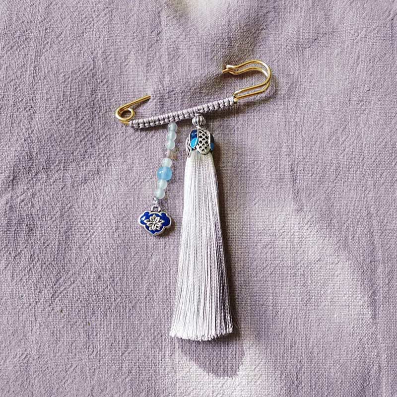 Buddha Stones Vintage Chalcedony Beads Tassels Positive Brooch - Light Gray - image 1