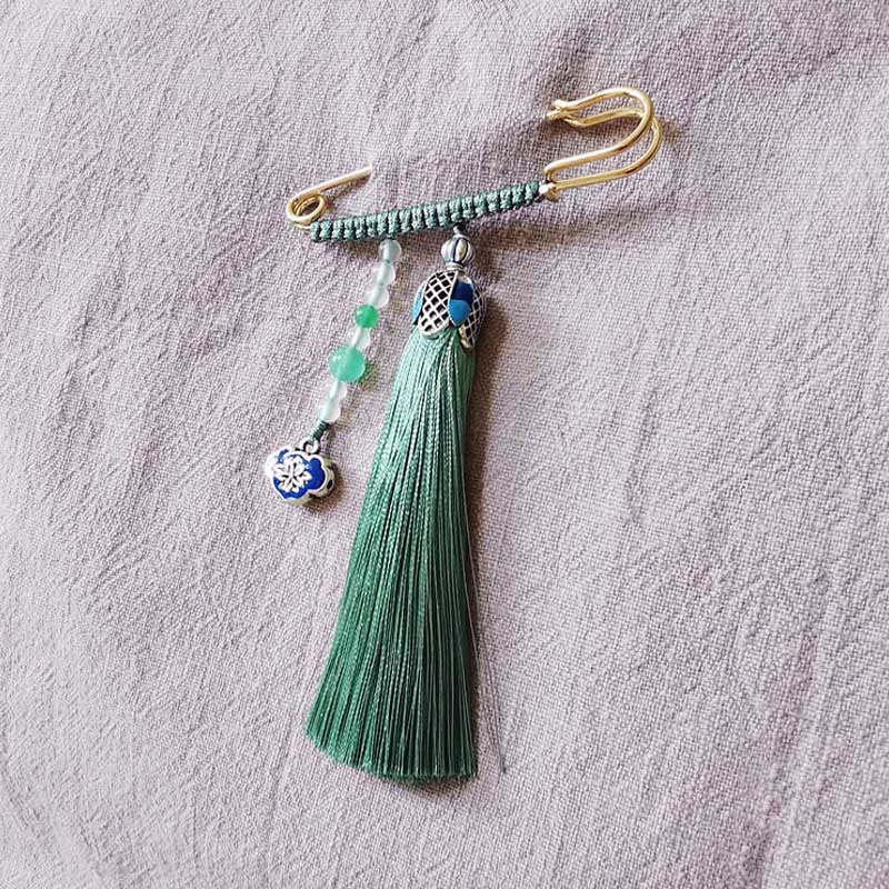 Buddha Stones Vintage Chalcedony Beads Tassels Positive Brooch - Green - image 7