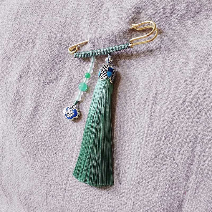 Buddha Stones Vintage Chalcedony Beads Tassels Positive Brooch - Green - image 7