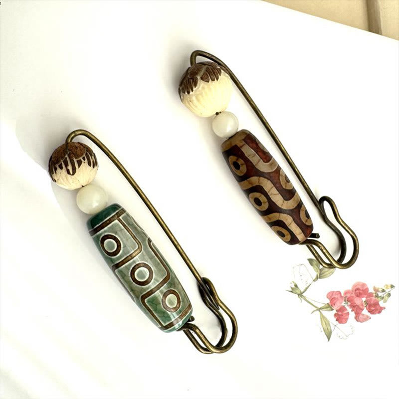 Buddha Stones Nine-Eye Dzi Bead Bodhi Seed Lotus Protection Brooch - 2Pcs Nine-Eye Dzi Bead - image 12