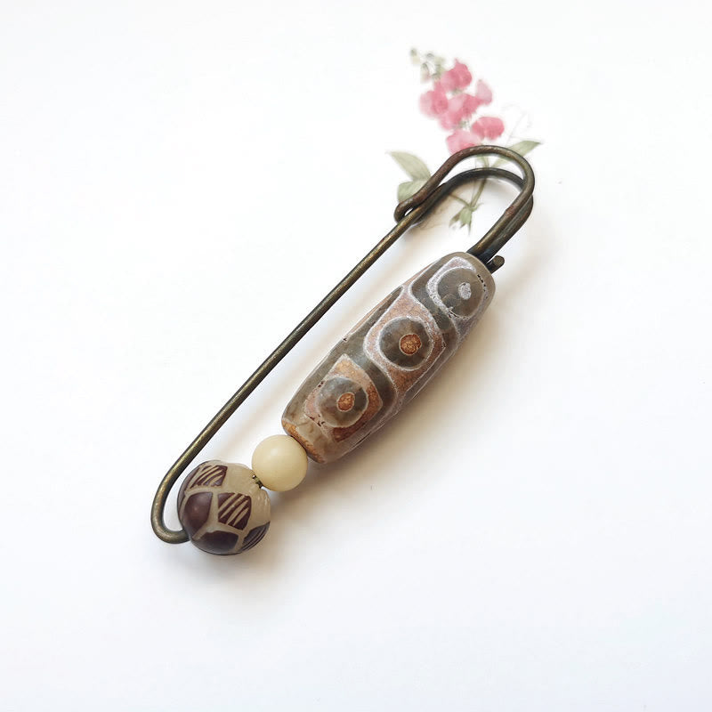 Buddha Stones Nine-Eye Dzi Bead Bodhi Seed Lotus Protection Brooch - Brown Nine-Eye Dzi Bead - image 0