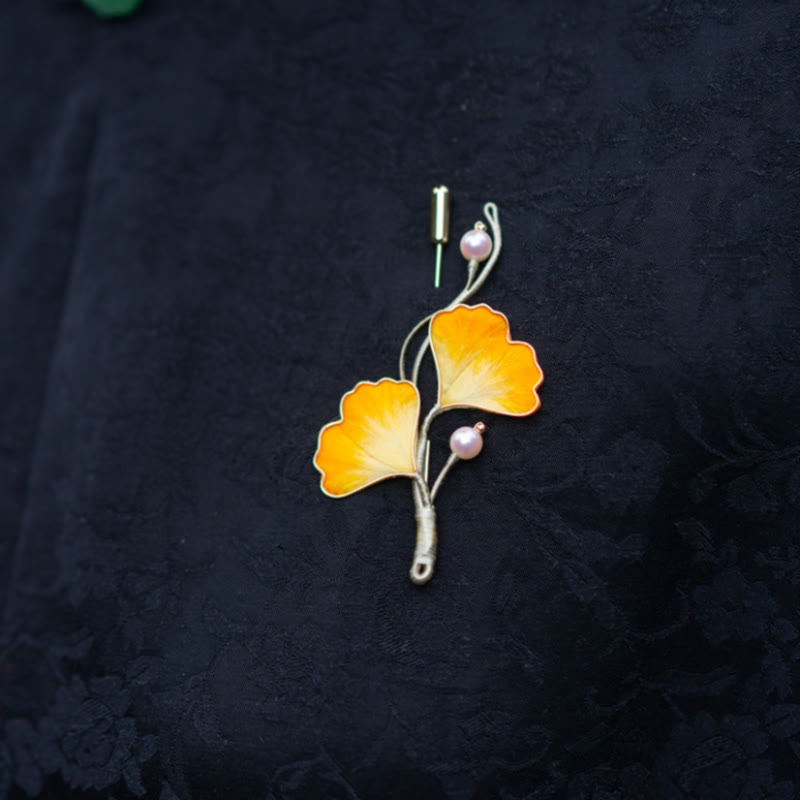 Buddha Stones Handmade Yangzhou Velvet Flower Mulberry Silk Ginkgo Leaf Brooch - Mulberry Silk Ginkgo Leaf - image 0