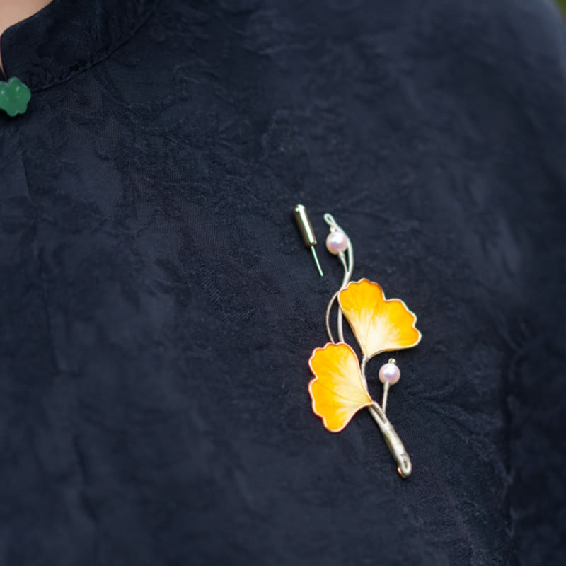 Buddha Stones Handmade Yangzhou Velvet Flower Mulberry Silk Ginkgo Leaf Brooch - image 1