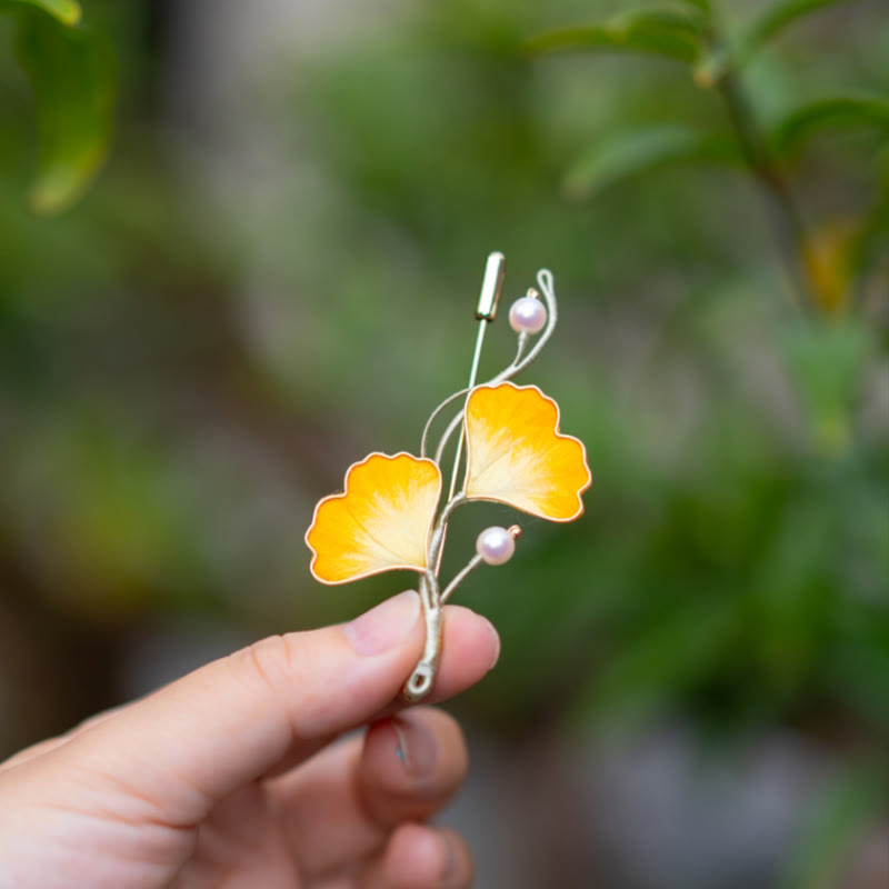 Buddha Stones Handmade Yangzhou Velvet Flower Mulberry Silk Ginkgo Leaf Brooch - image 2