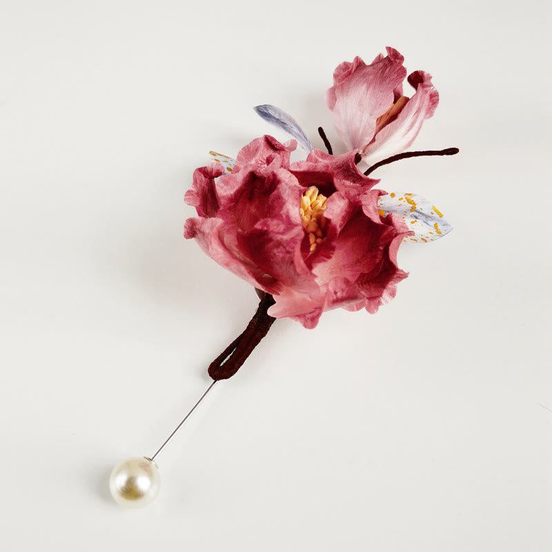 Buddha Stones Handmade Velvet Flower Mulberry Silk Red Flower Brooch - image 1