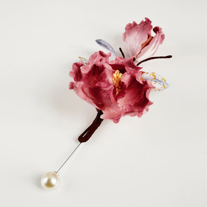 Buddha Stones Handmade Velvet Flower Mulberry Silk Red Flower Brooch - image 1