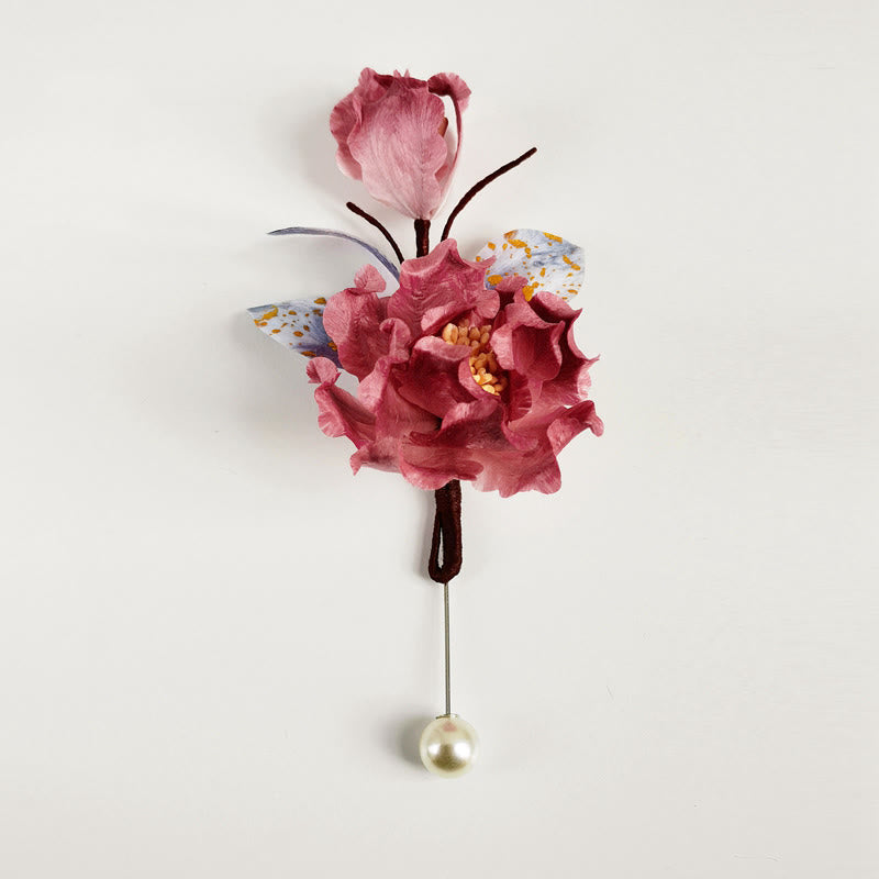 Buddha Stones Handmade Velvet Flower Mulberry Silk Red Flower Brooch - Red Flower - image 0