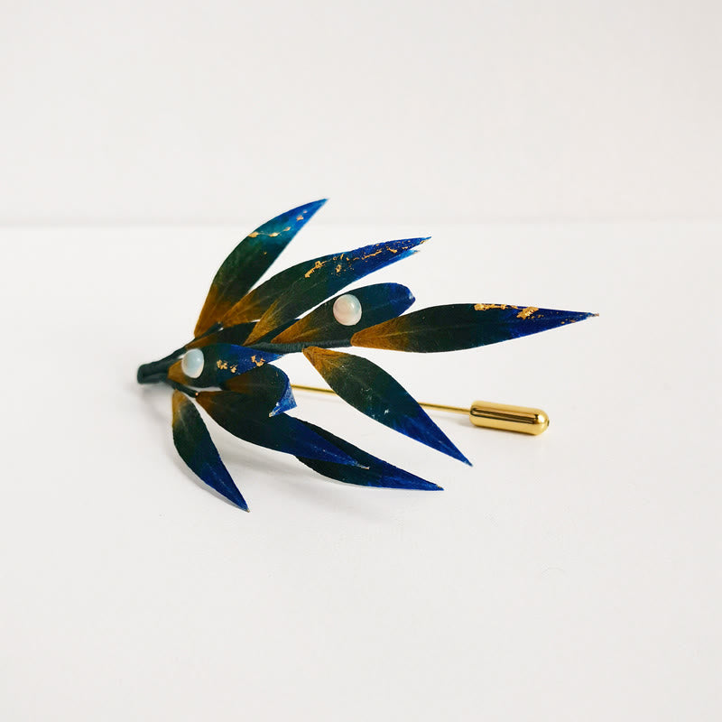 Buddha Stones Handmade Velvet Flower Mulberry Silk Green Yellow Blue Leaves Brooch - image 1
