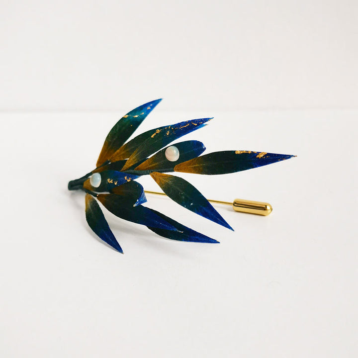 Buddha Stones Handmade Velvet Flower Mulberry Silk Green Yellow Blue Leaves Brooch - image 1