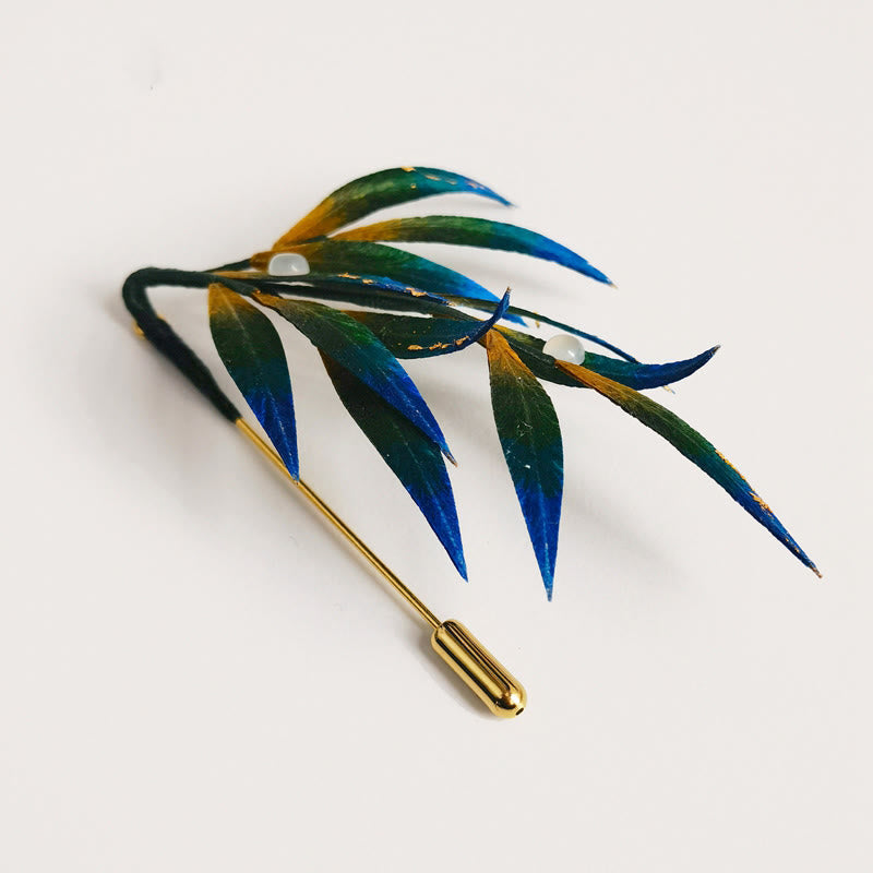 Buddha Stones Handmade Velvet Flower Mulberry Silk Green Yellow Blue Leaves Brooch - Leaves - image 0
