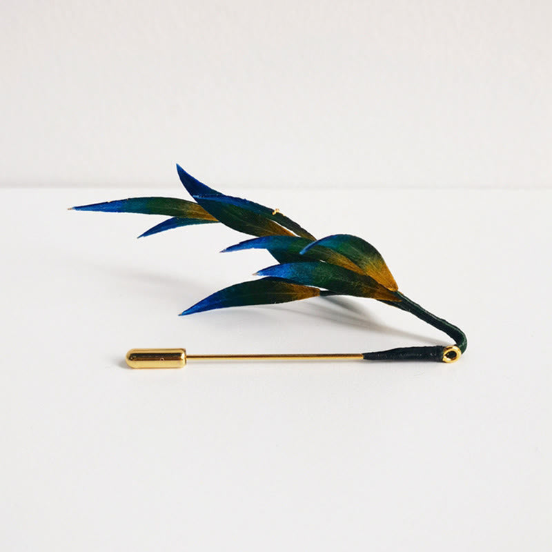 Buddha Stones Handmade Velvet Flower Mulberry Silk Green Yellow Blue Leaves Brooch - image 2