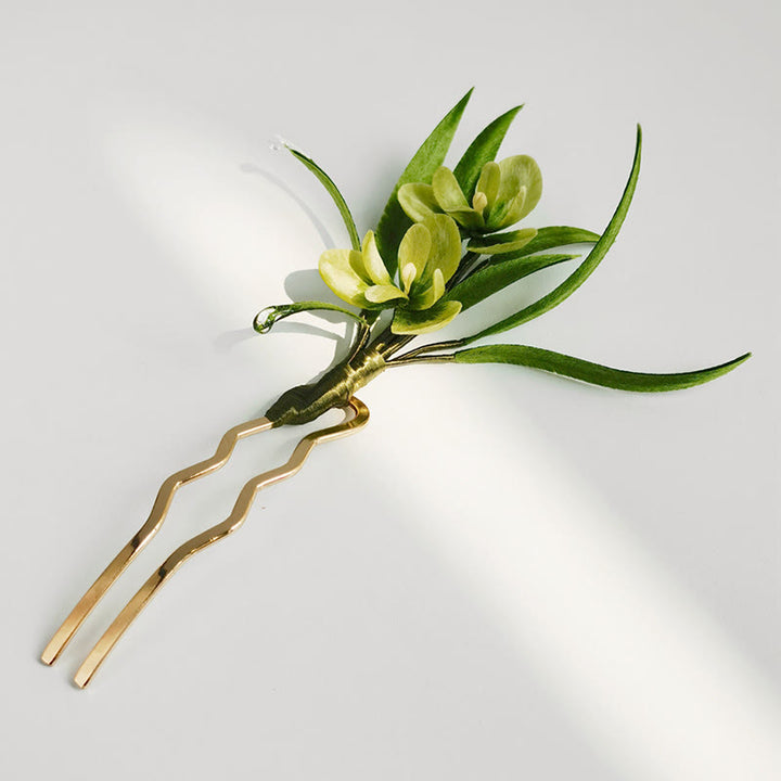 Buddha Stones Handmade Velvet Flower Mulberry Silk Green Flowers Leaves Brooch Hairpin - image 7
