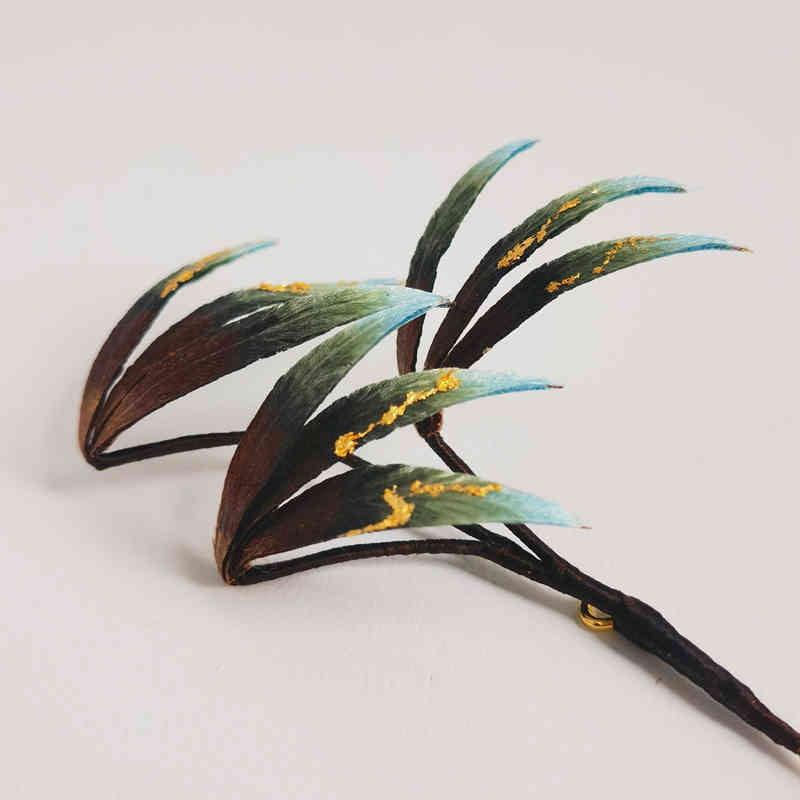 Buddha Stones Handmade Velvet Flower Mulberry Silk Green Bamboo Leaves Brooch - image 3