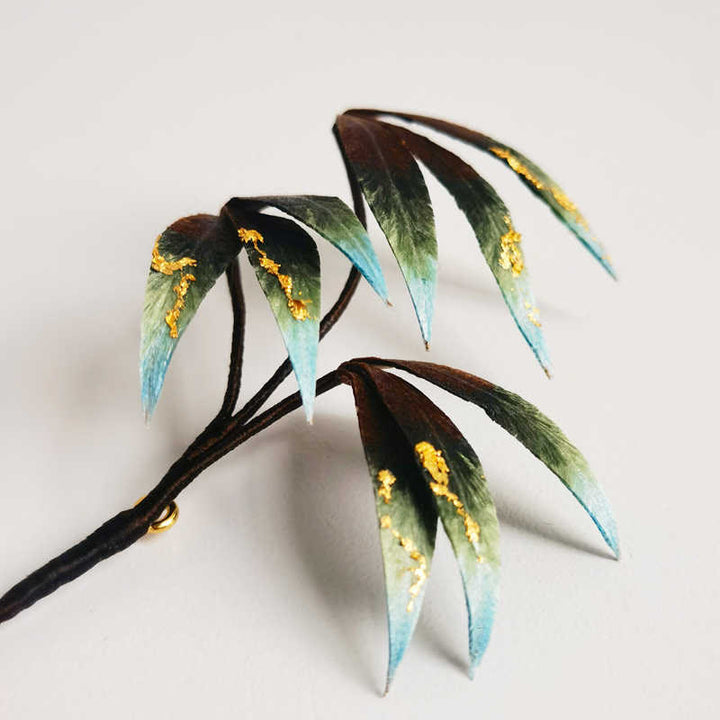 Buddha Stones Handmade Velvet Flower Mulberry Silk Green Bamboo Leaves Brooch - image 4