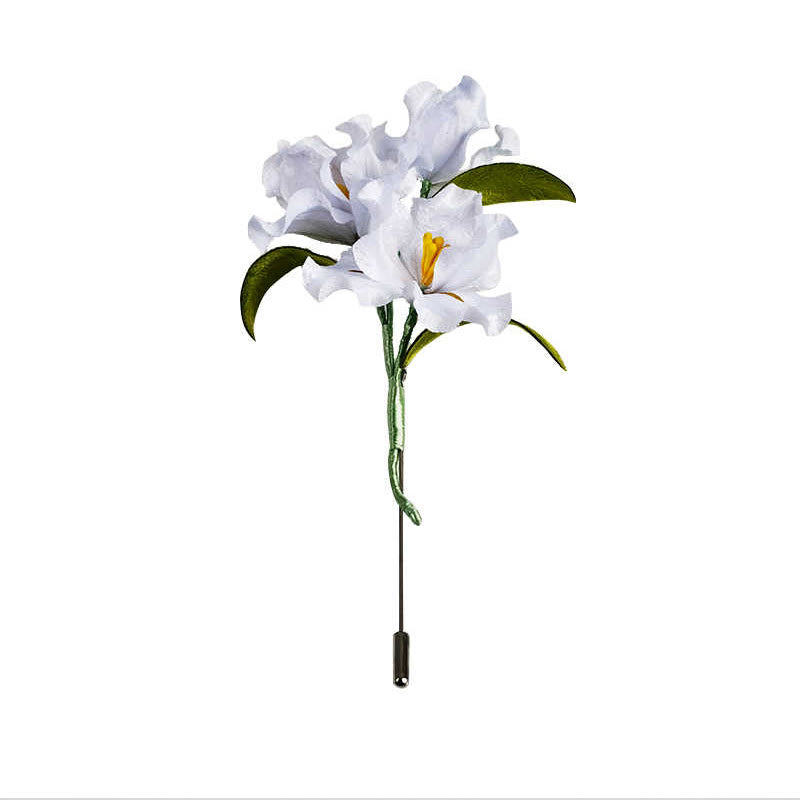 Buddha Stones Handmade Velvet Flower Mulberry Silk White Iris Flower Brooch - image 5