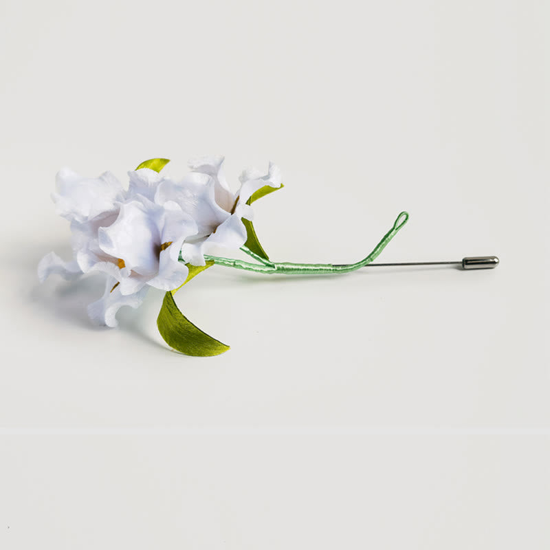 Buddha Stones Handmade Velvet Flower Mulberry Silk White Iris Flower Brooch - image 2