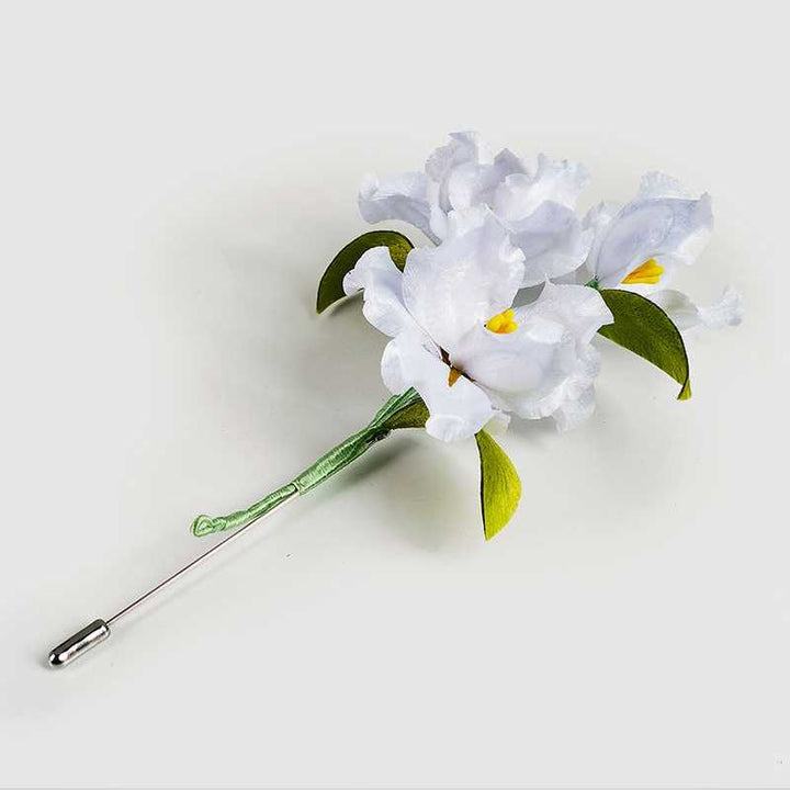 Buddha Stones Handmade Velvet Flower Mulberry Silk White Iris Flower Brooch - image 1