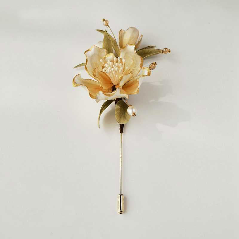 Buddha Stones Handmade Velvet Flower Mulberry Silk White Camellia Brooch - White Camellia - image 0