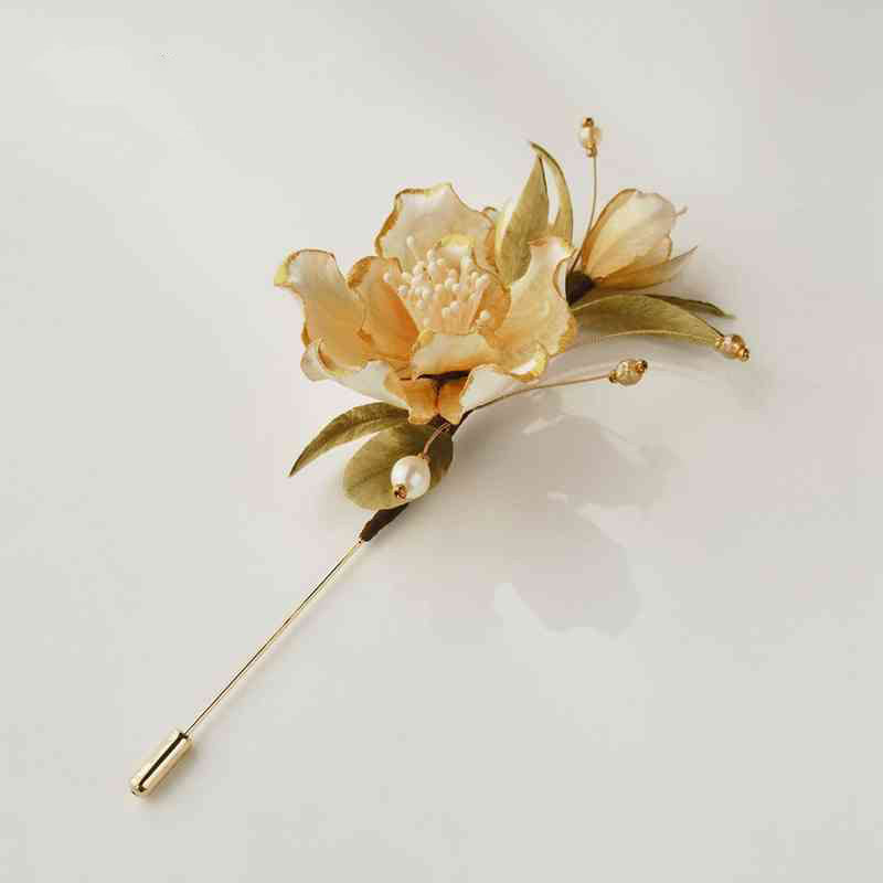 Buddha Stones Handmade Velvet Flower Mulberry Silk White Camellia Brooch - image 1
