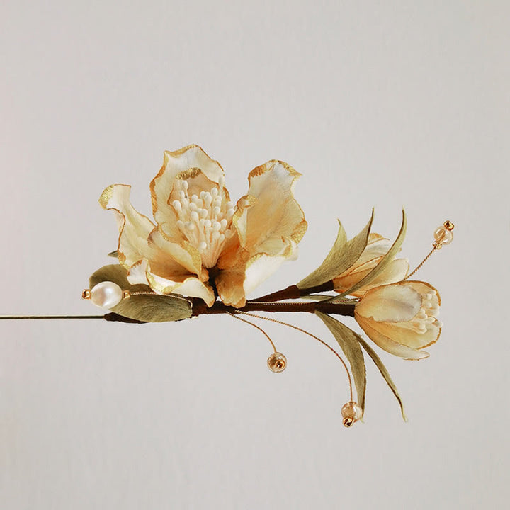 Buddha Stones Handmade Velvet Flower Mulberry Silk White Camellia Brooch - image 2