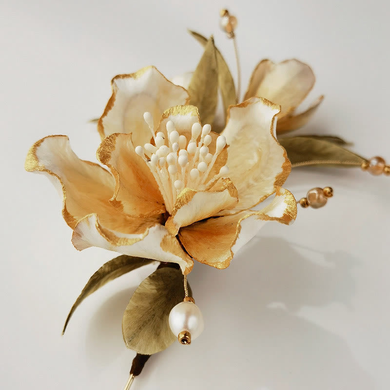 Buddha Stones Handmade Velvet Flower Mulberry Silk White Camellia Brooch - image 4