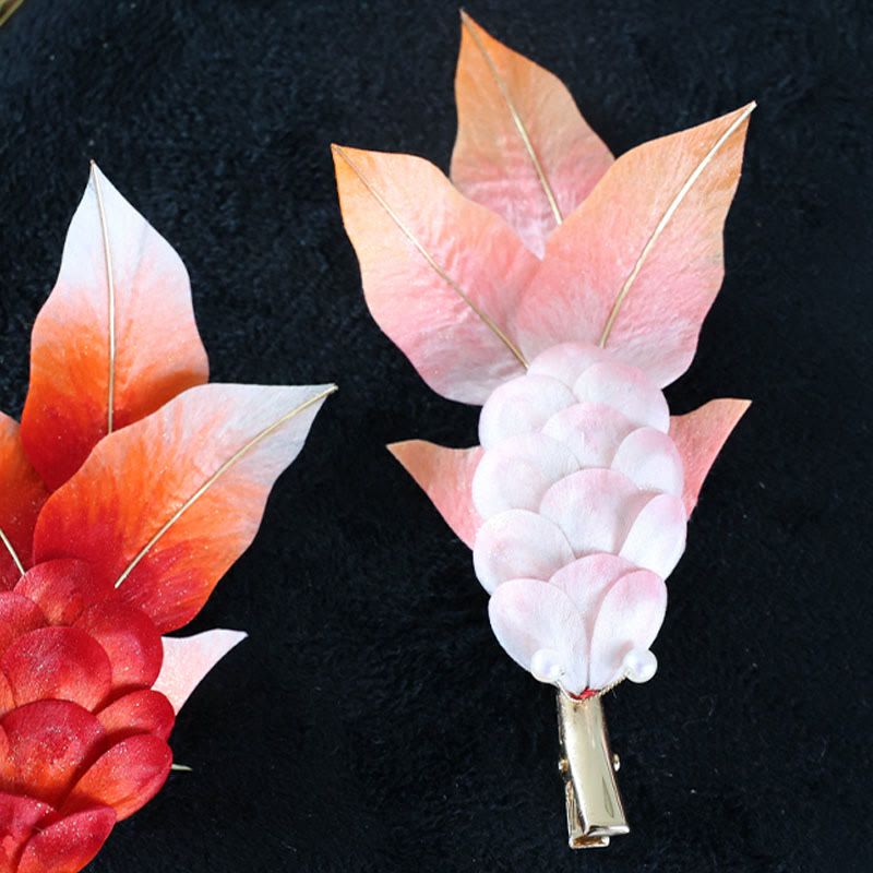 Buddha Stones Handmade Yangzhou Velvet Flower Mulberry Silk Red Koi Fish Leaves Brooch Hair Clip - image 11