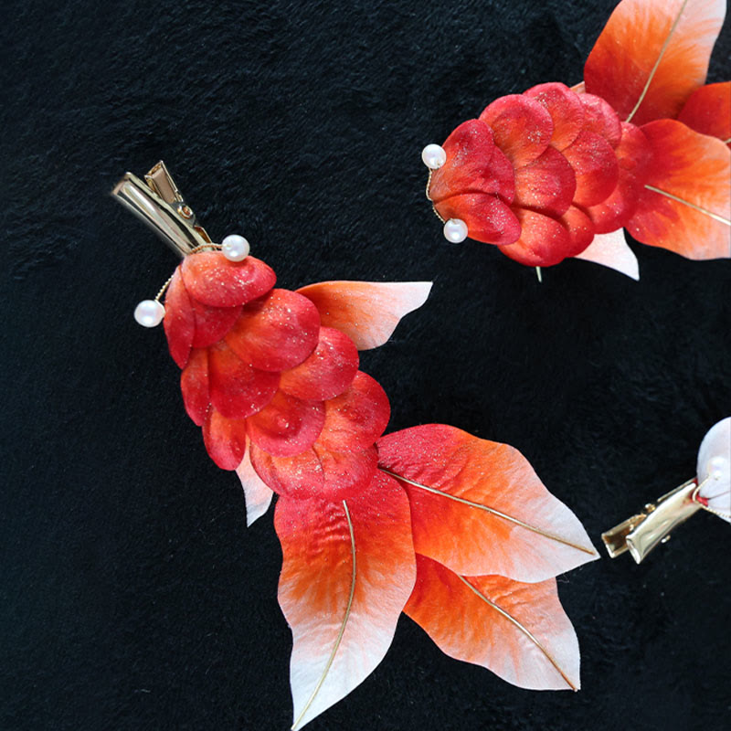 Buddha Stones Handmade Yangzhou Velvet Flower Mulberry Silk Red Koi Fish Leaves Brooch Hair Clip - image 12