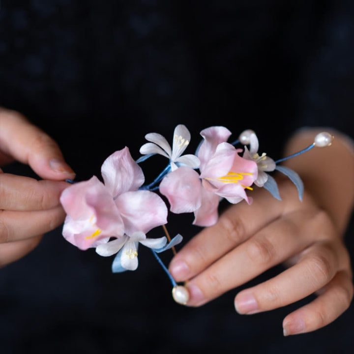 Buddha Stones Handmade Velvet Flower Mulberry Silk Pink Iris Vine Brooch Hairpin - Hairpin - image 4