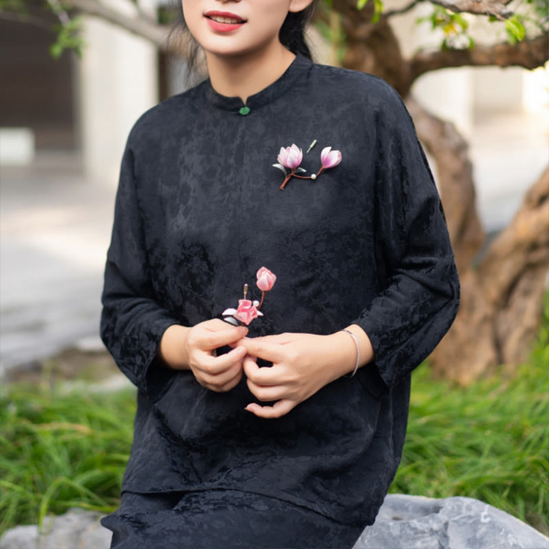 Buddha Stones Handmade Yangzhou Velvet Flower Mulberry Silk Purple Magnolia Brooch Hairpin - image 3