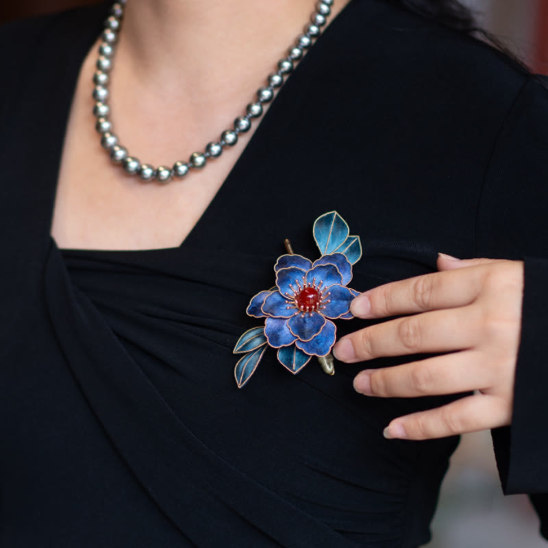 Buddha Stones Handmade Yangzhou Velvet Flower Mulberry Silk Blue Flowers Brooch - Brooch - image 0