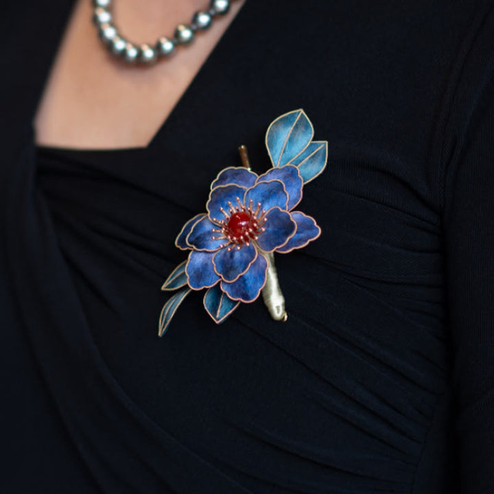 Buddha Stones Handmade Yangzhou Velvet Flower Mulberry Silk Blue Flowers Brooch - image 3