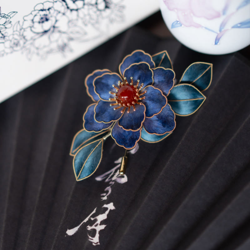 Buddha Stones Handmade Yangzhou Velvet Flower Mulberry Silk Blue Flowers Brooch - image 2