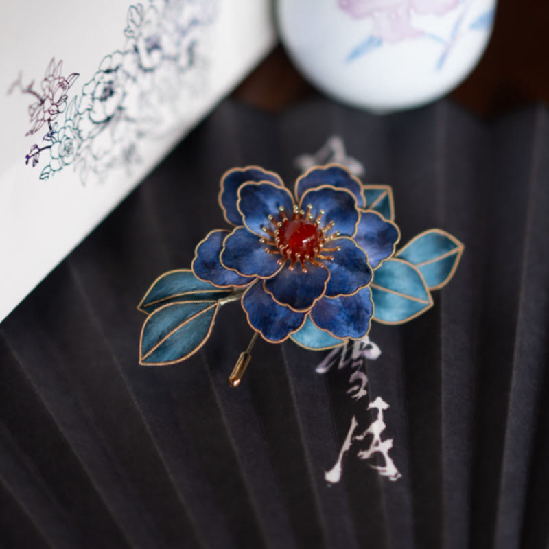 Buddha Stones Handmade Yangzhou Velvet Flower Mulberry Silk Blue Flowers Brooch - image 1