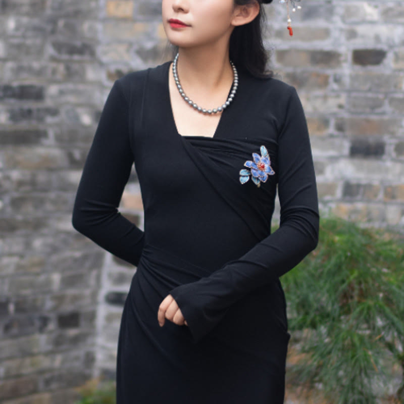 Buddha Stones Handmade Yangzhou Velvet Flower Mulberry Silk Blue Flowers Brooch - image 5
