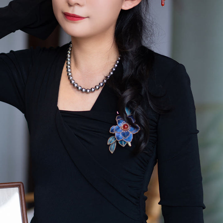 Buddha Stones Handmade Yangzhou Velvet Flower Mulberry Silk Blue Flowers Brooch - image 4