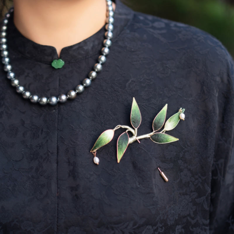 Buddha Stones Handmade Yangzhou Velvet Flower Mulberry Silk Green Bamboo Brooch - image 2
