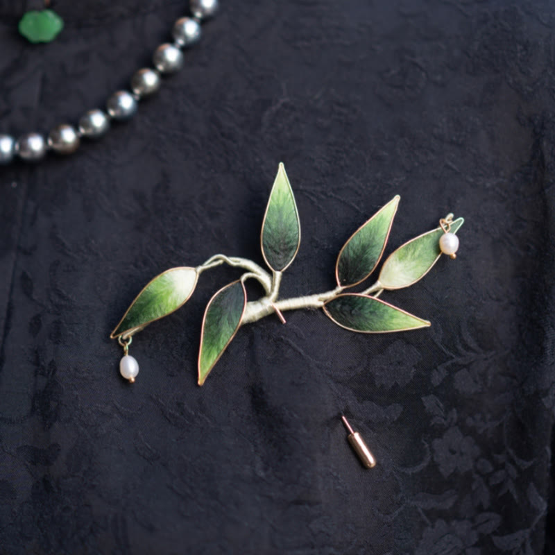 Buddha Stones Handmade Yangzhou Velvet Flower Mulberry Silk Green Bamboo Brooch - image 3
