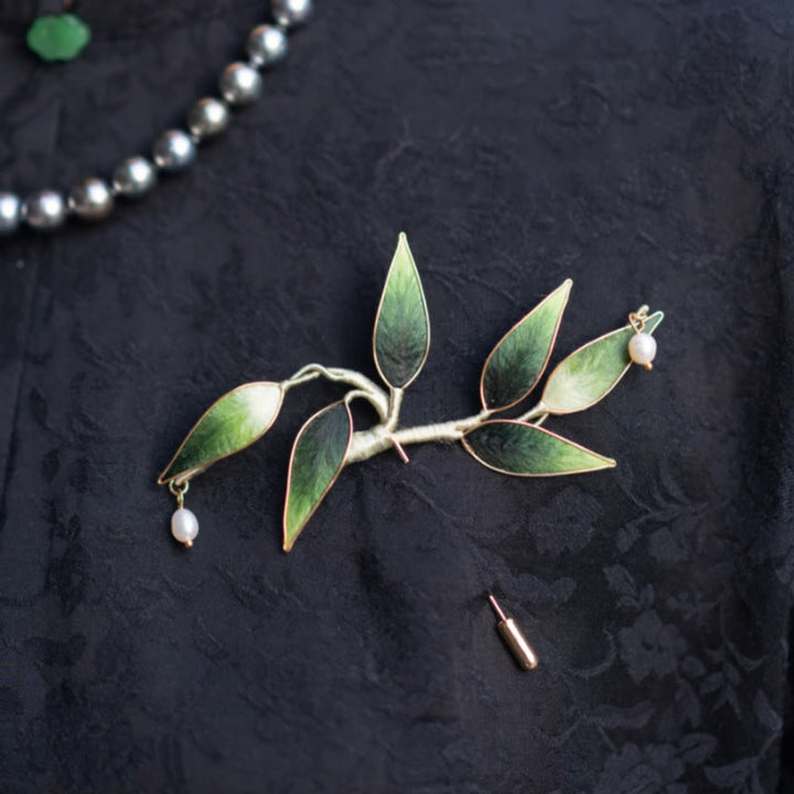Buddha Stones Handmade Yangzhou Velvet Flower Mulberry Silk Green Bamboo Brooch - image 3